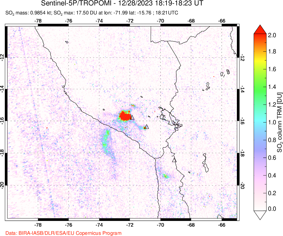 A sulfur dioxide image over Peru on Dec 28, 2023.