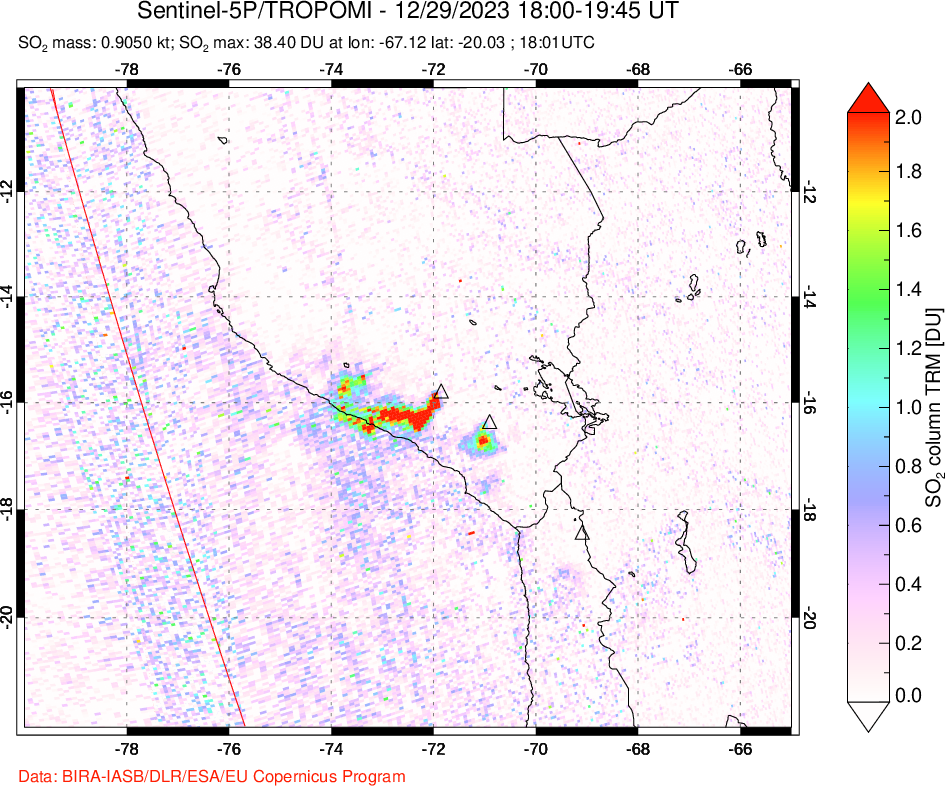 A sulfur dioxide image over Peru on Dec 29, 2023.