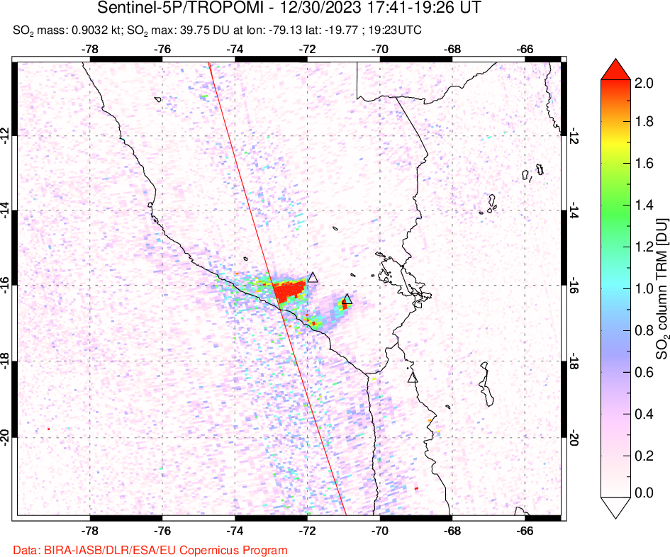 A sulfur dioxide image over Peru on Dec 30, 2023.