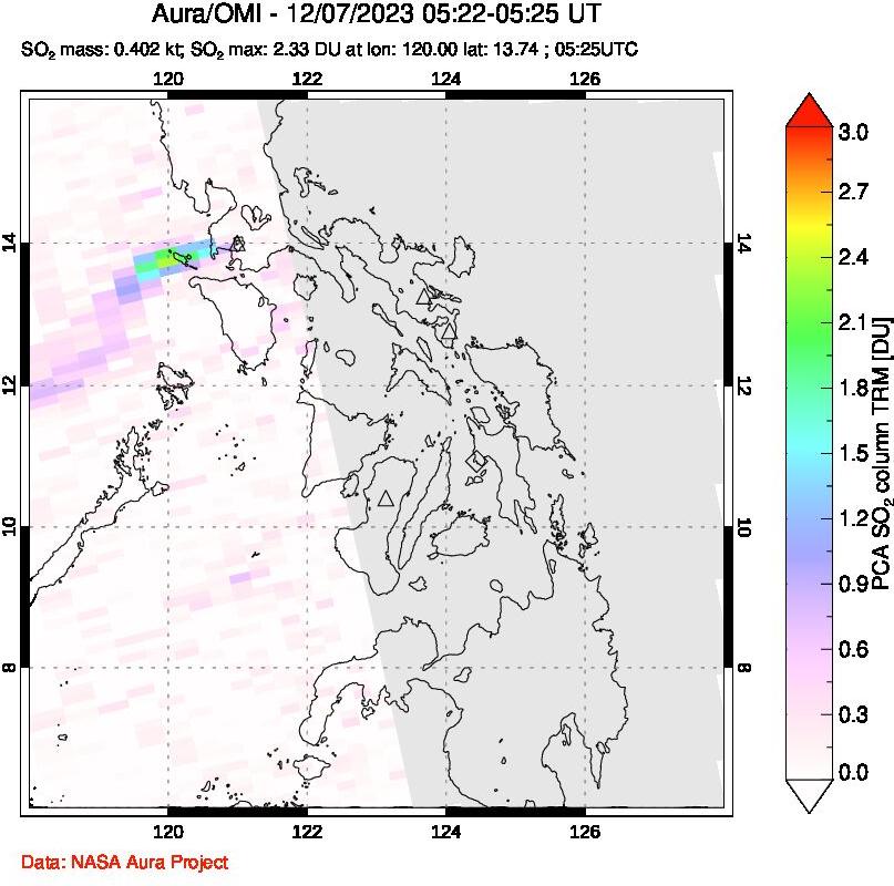 A sulfur dioxide image over Philippines on Dec 07, 2023.
