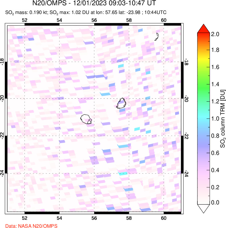 A sulfur dioxide image over Reunion Island, Indian Ocean on Dec 01, 2023.