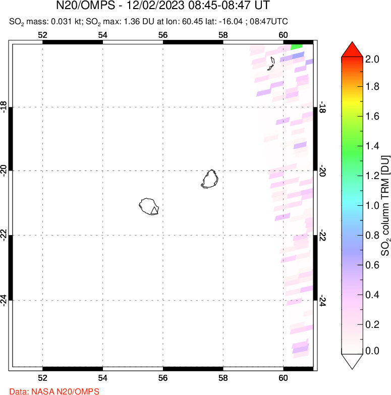 A sulfur dioxide image over Reunion Island, Indian Ocean on Dec 02, 2023.