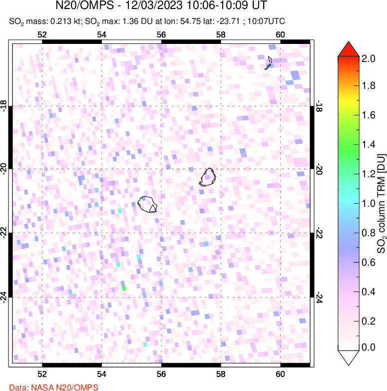 A sulfur dioxide image over Reunion Island, Indian Ocean on Dec 03, 2023.