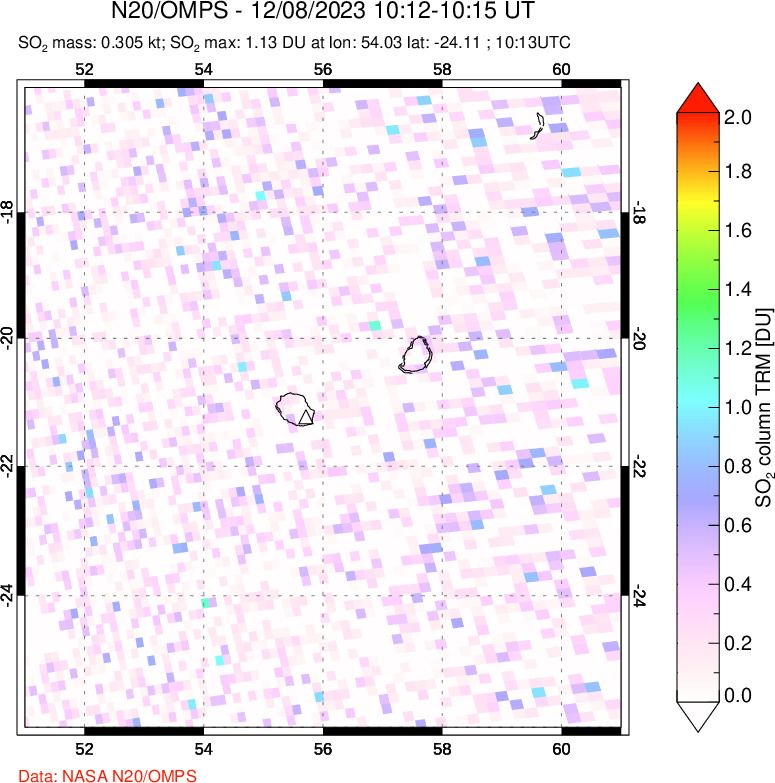 A sulfur dioxide image over Reunion Island, Indian Ocean on Dec 08, 2023.