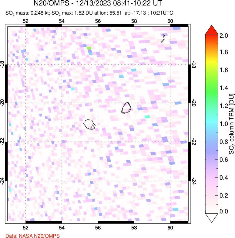 A sulfur dioxide image over Reunion Island, Indian Ocean on Dec 13, 2023.