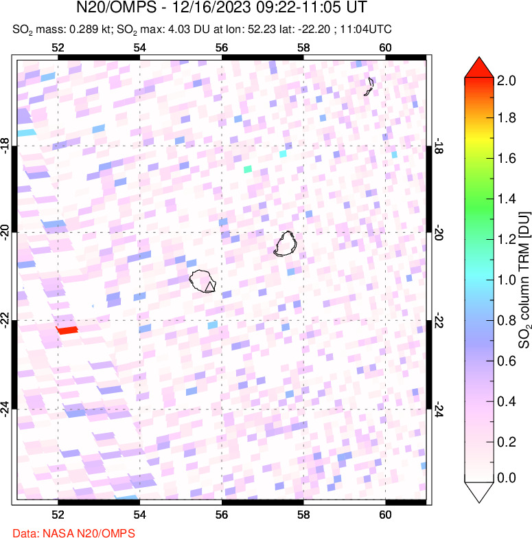 A sulfur dioxide image over Reunion Island, Indian Ocean on Dec 16, 2023.