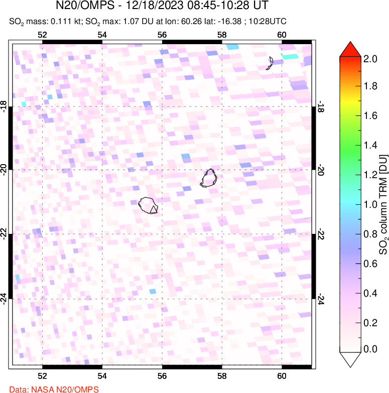 A sulfur dioxide image over Reunion Island, Indian Ocean on Dec 18, 2023.