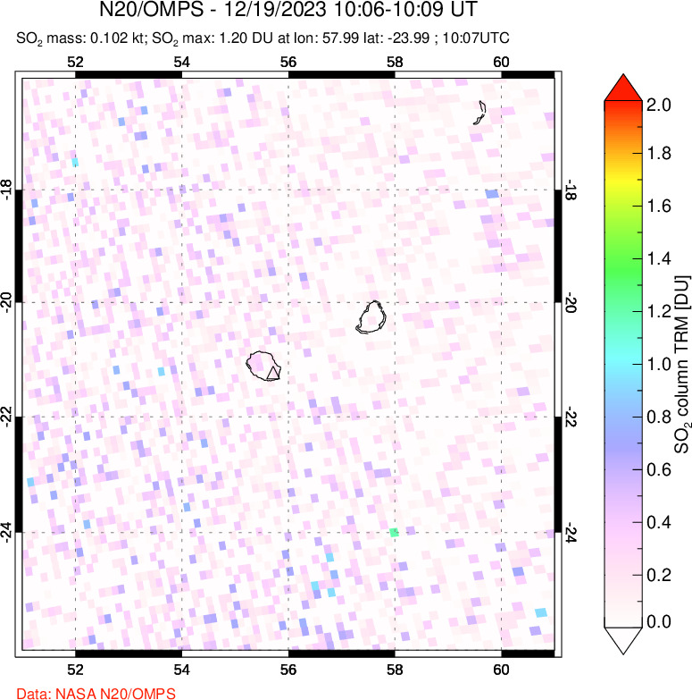 A sulfur dioxide image over Reunion Island, Indian Ocean on Dec 19, 2023.