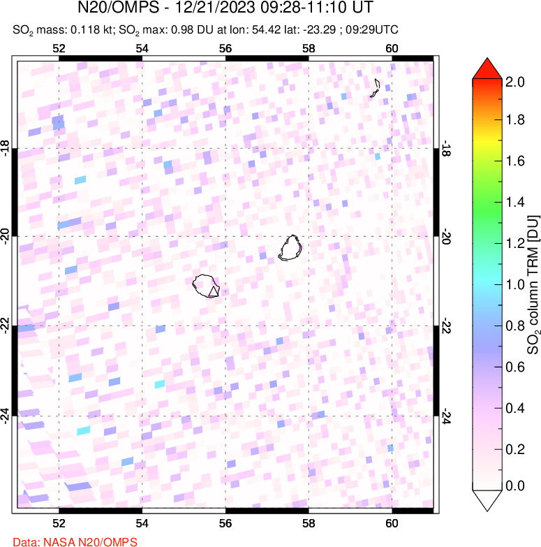 A sulfur dioxide image over Reunion Island, Indian Ocean on Dec 21, 2023.