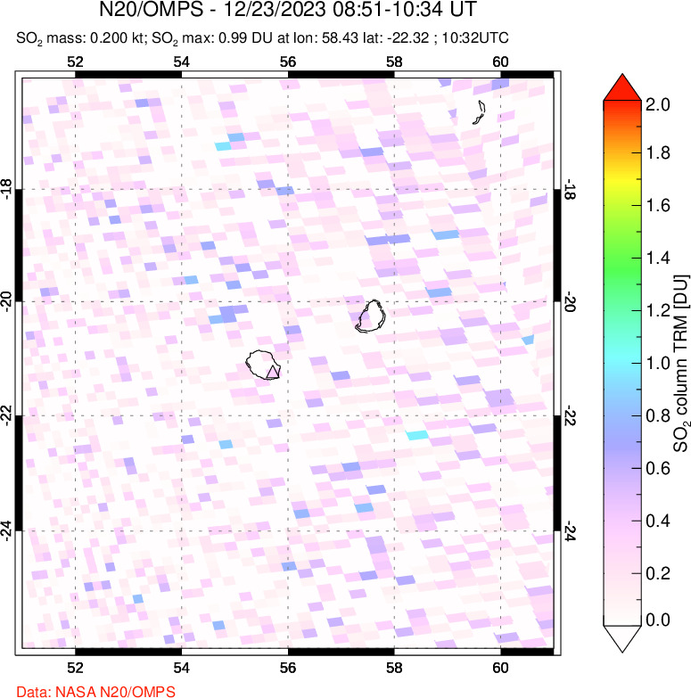 A sulfur dioxide image over Reunion Island, Indian Ocean on Dec 23, 2023.