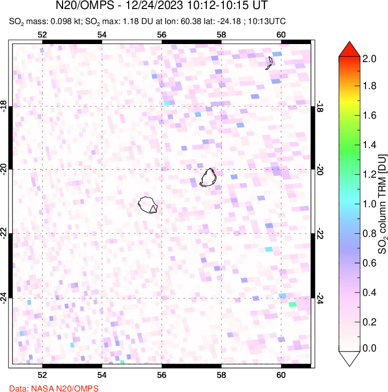 A sulfur dioxide image over Reunion Island, Indian Ocean on Dec 24, 2023.