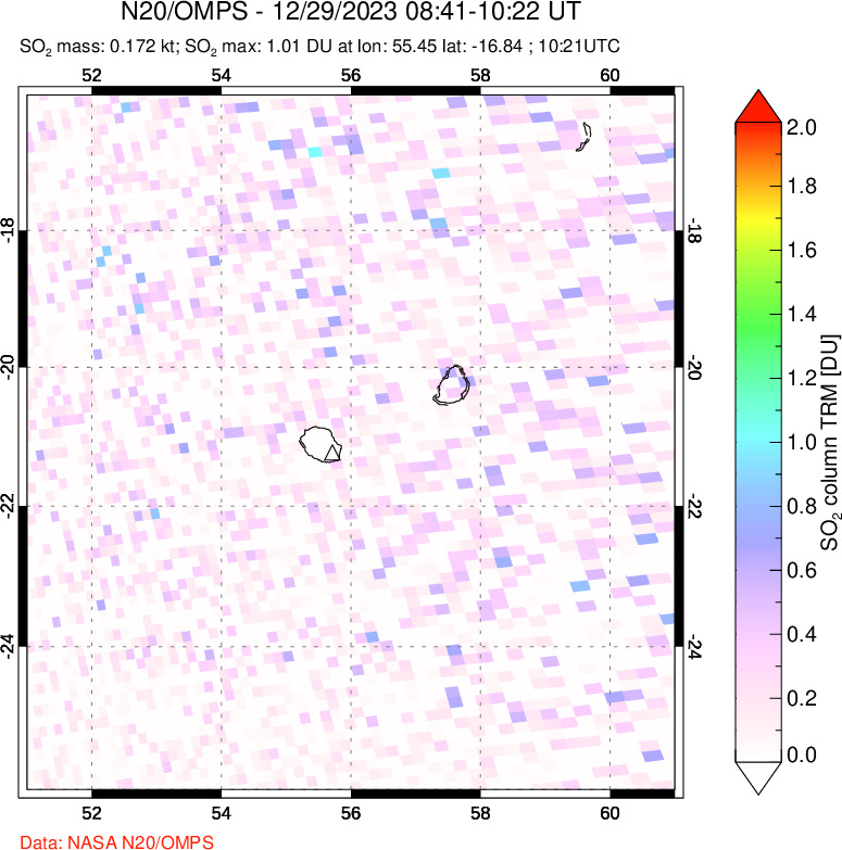 A sulfur dioxide image over Reunion Island, Indian Ocean on Dec 29, 2023.