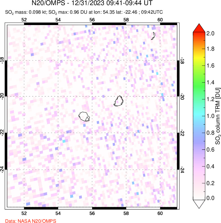 A sulfur dioxide image over Reunion Island, Indian Ocean on Dec 31, 2023.