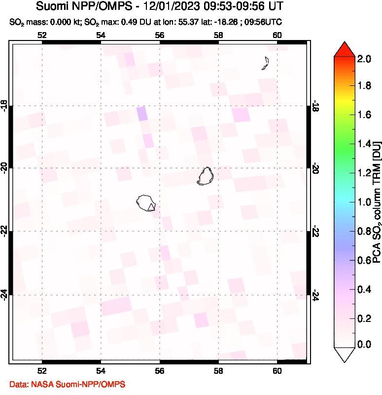 A sulfur dioxide image over Reunion Island, Indian Ocean on Dec 01, 2023.