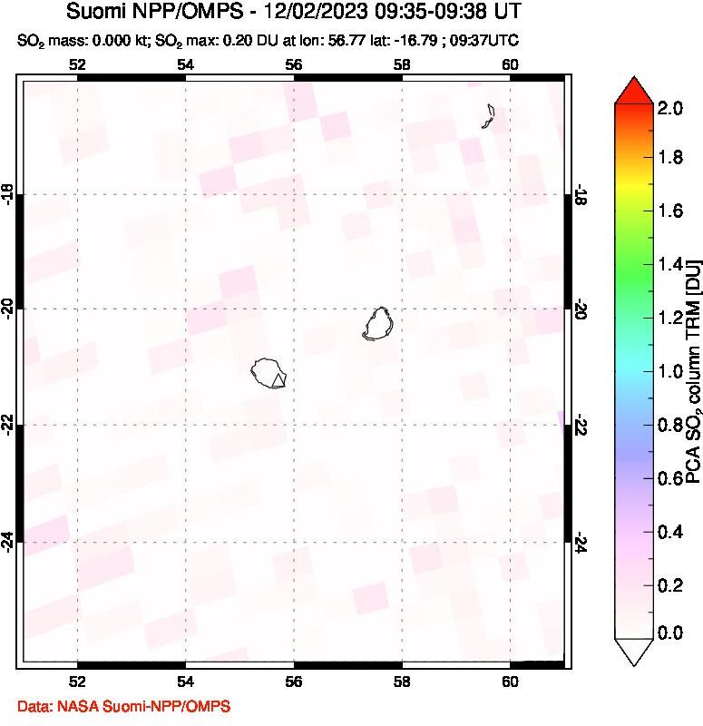 A sulfur dioxide image over Reunion Island, Indian Ocean on Dec 02, 2023.