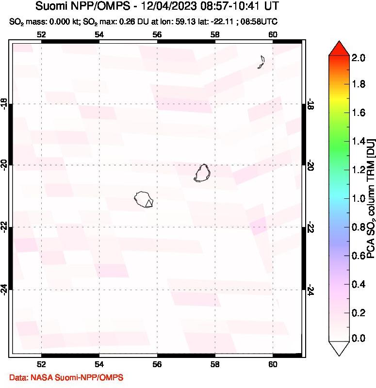 A sulfur dioxide image over Reunion Island, Indian Ocean on Dec 04, 2023.