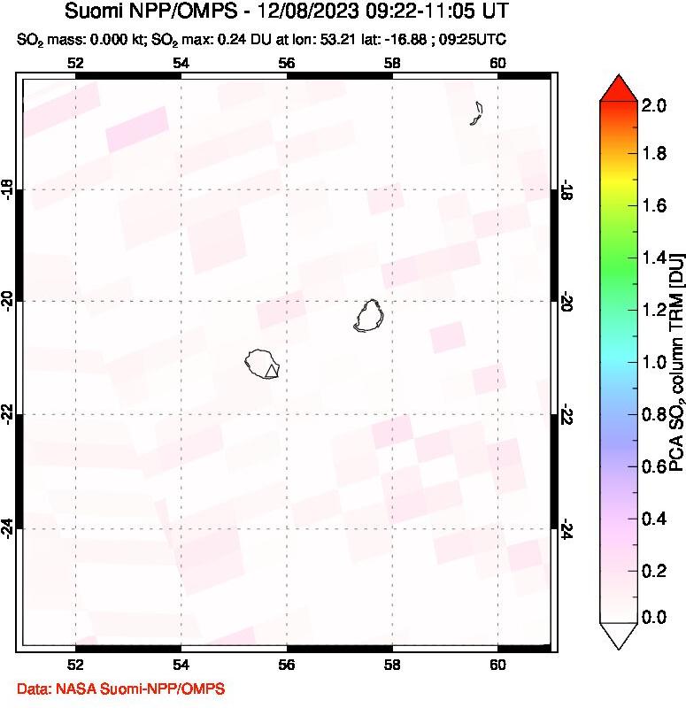 A sulfur dioxide image over Reunion Island, Indian Ocean on Dec 08, 2023.