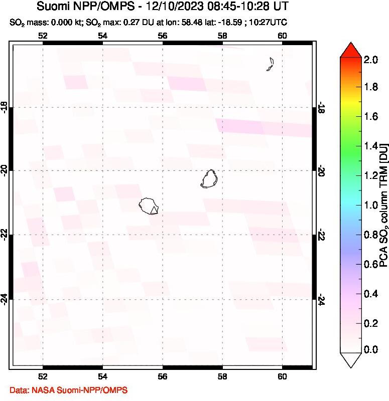 A sulfur dioxide image over Reunion Island, Indian Ocean on Dec 10, 2023.