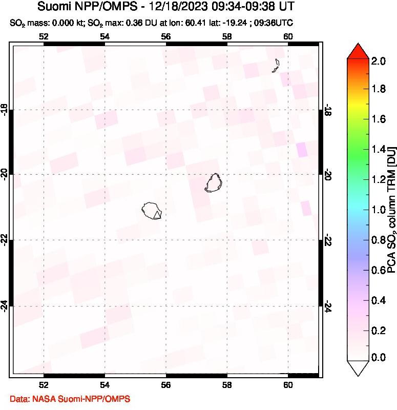 A sulfur dioxide image over Reunion Island, Indian Ocean on Dec 18, 2023.