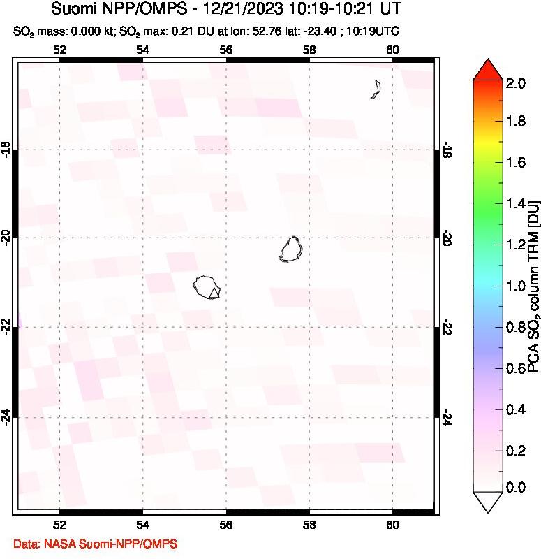 A sulfur dioxide image over Reunion Island, Indian Ocean on Dec 21, 2023.