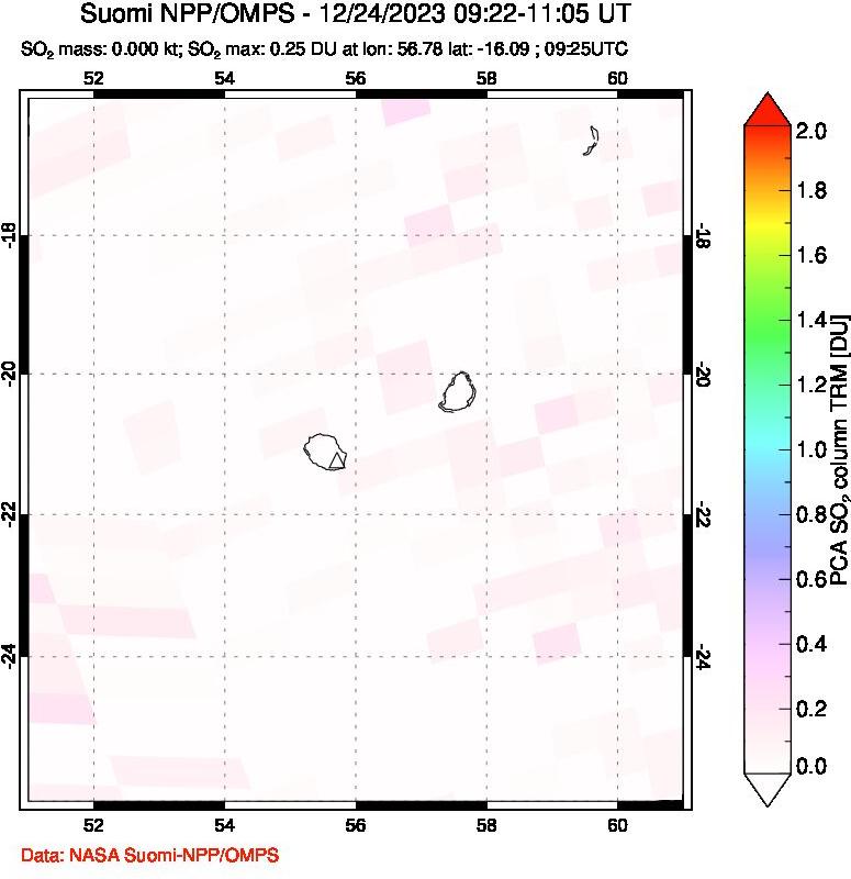 A sulfur dioxide image over Reunion Island, Indian Ocean on Dec 24, 2023.