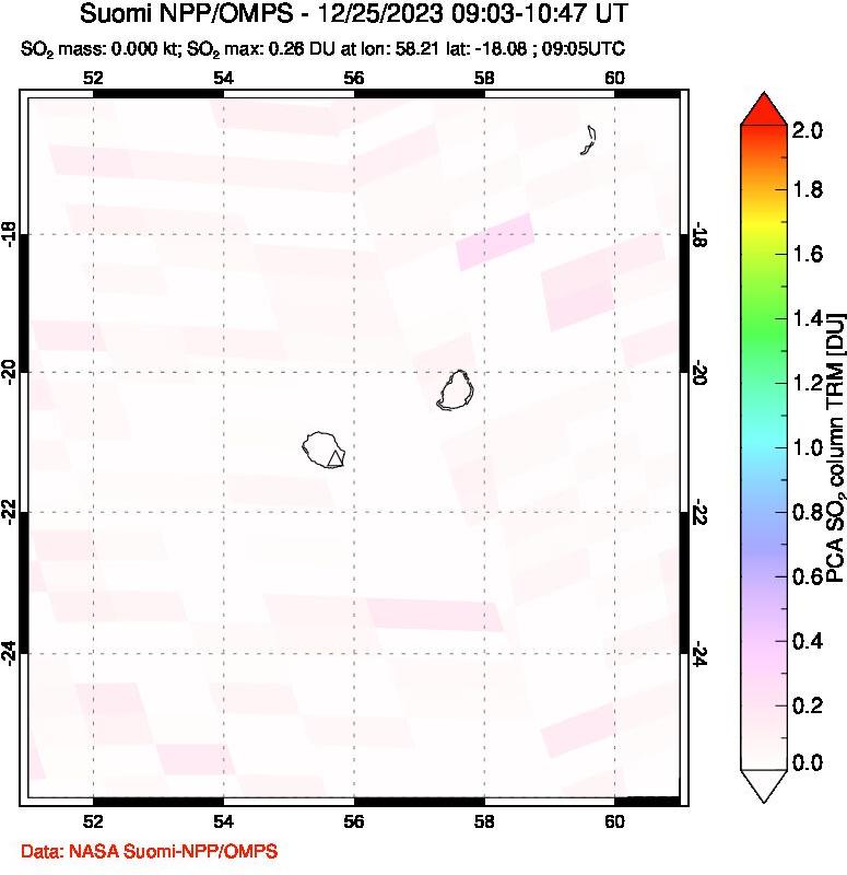 A sulfur dioxide image over Reunion Island, Indian Ocean on Dec 25, 2023.