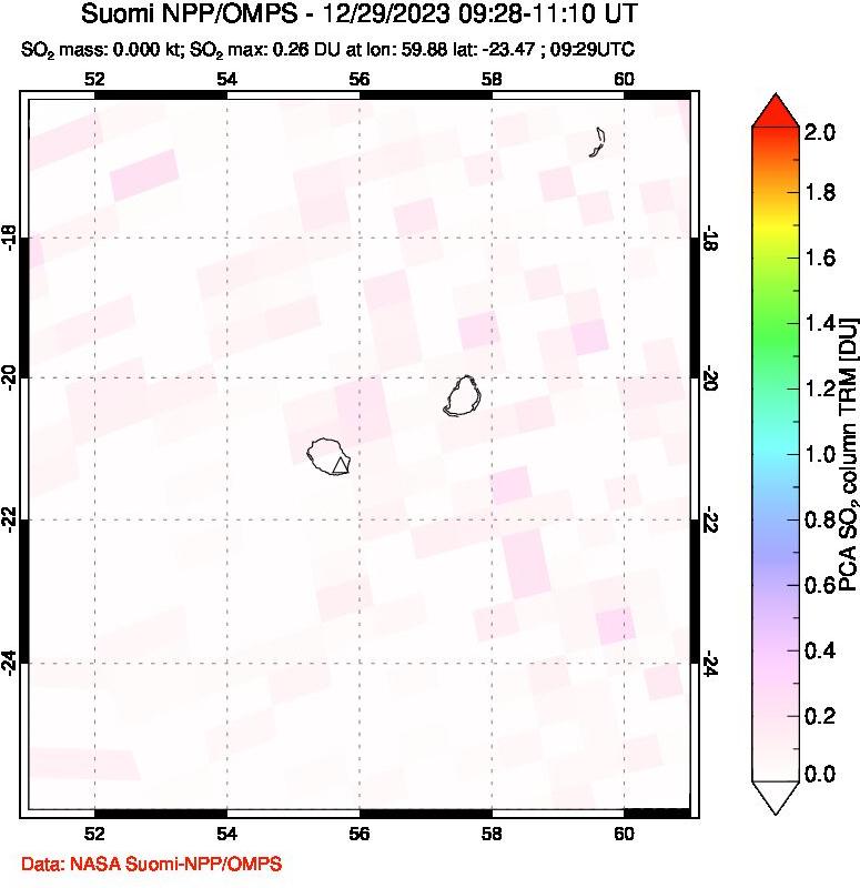 A sulfur dioxide image over Reunion Island, Indian Ocean on Dec 29, 2023.