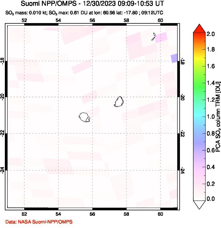 A sulfur dioxide image over Reunion Island, Indian Ocean on Dec 30, 2023.