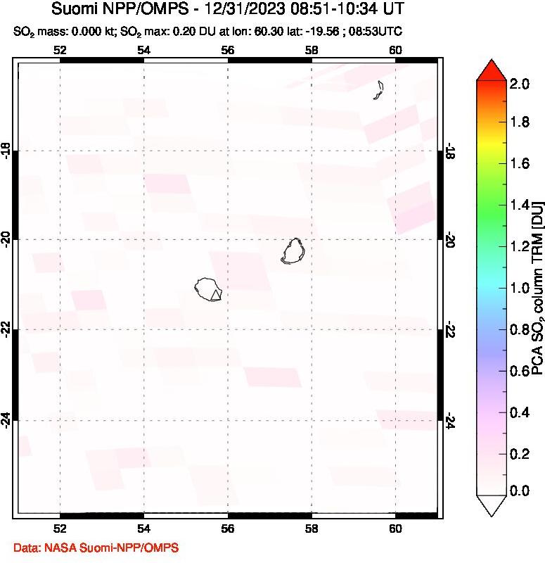 A sulfur dioxide image over Reunion Island, Indian Ocean on Dec 31, 2023.