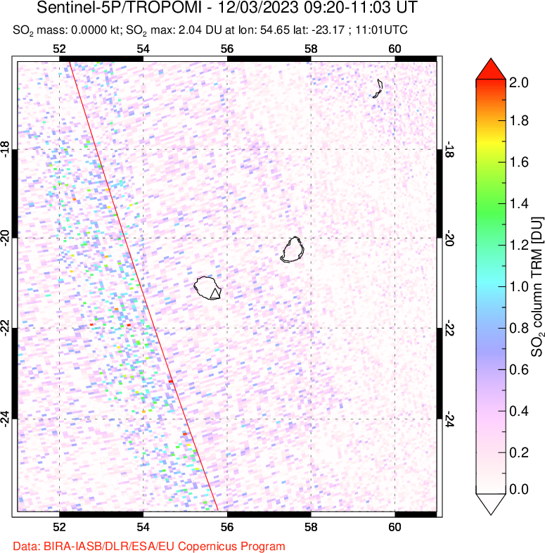 A sulfur dioxide image over Reunion Island, Indian Ocean on Dec 03, 2023.