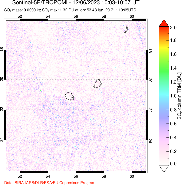 A sulfur dioxide image over Reunion Island, Indian Ocean on Dec 06, 2023.