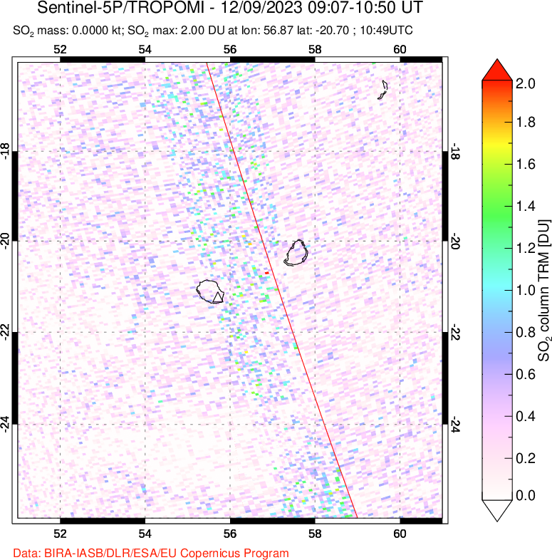 A sulfur dioxide image over Reunion Island, Indian Ocean on Dec 09, 2023.