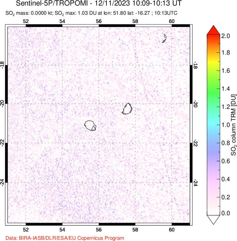 A sulfur dioxide image over Reunion Island, Indian Ocean on Dec 11, 2023.