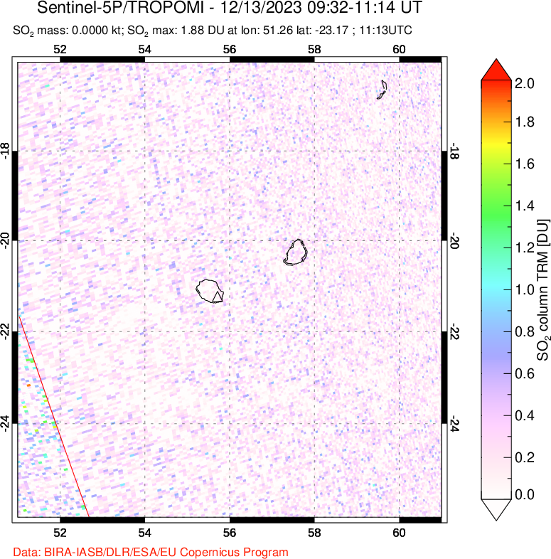 A sulfur dioxide image over Reunion Island, Indian Ocean on Dec 13, 2023.