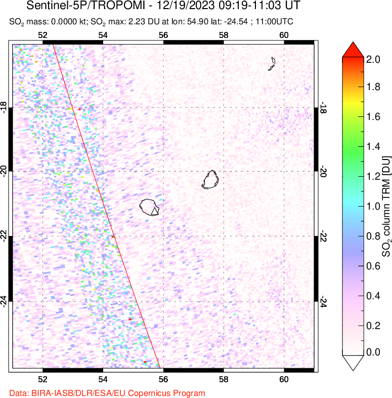 A sulfur dioxide image over Reunion Island, Indian Ocean on Dec 19, 2023.