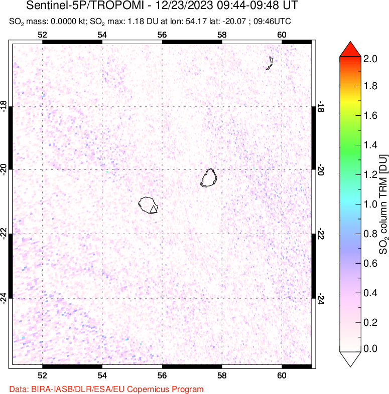 A sulfur dioxide image over Reunion Island, Indian Ocean on Dec 23, 2023.