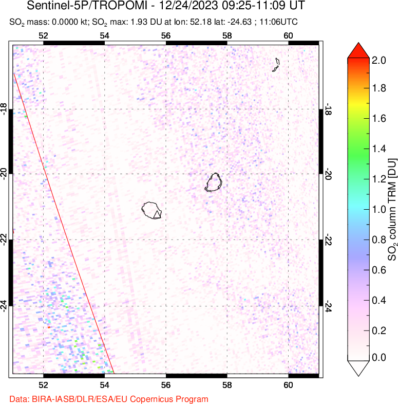 A sulfur dioxide image over Reunion Island, Indian Ocean on Dec 24, 2023.