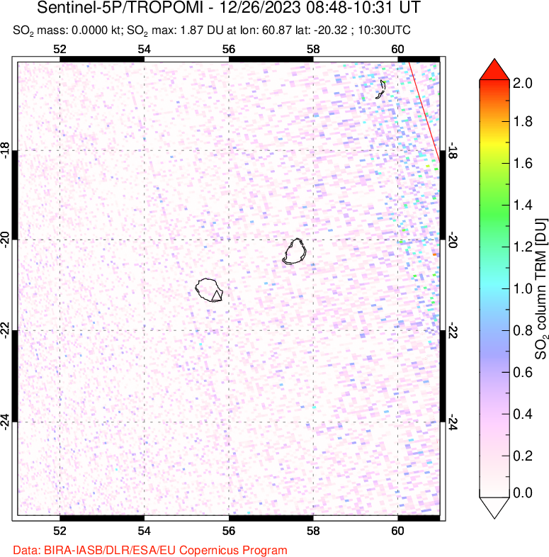 A sulfur dioxide image over Reunion Island, Indian Ocean on Dec 26, 2023.