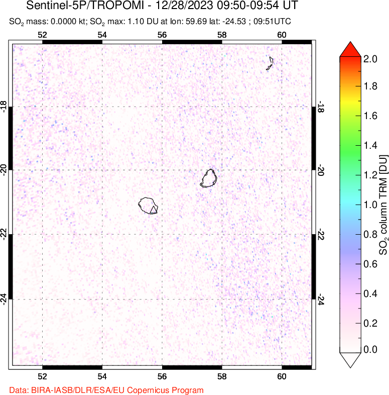 A sulfur dioxide image over Reunion Island, Indian Ocean on Dec 28, 2023.