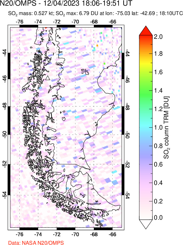 A sulfur dioxide image over Southern Chile on Dec 04, 2023.