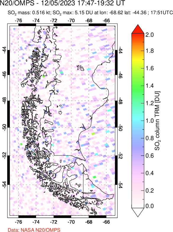 A sulfur dioxide image over Southern Chile on Dec 05, 2023.