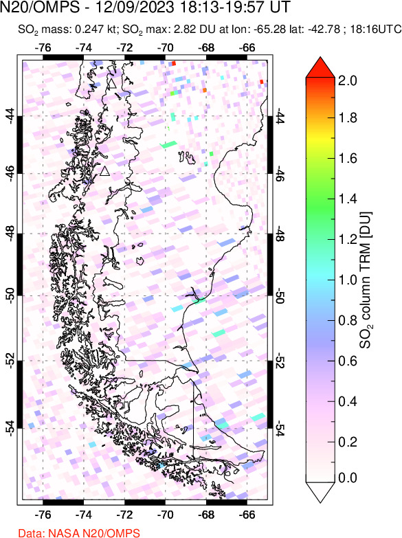 A sulfur dioxide image over Southern Chile on Dec 09, 2023.