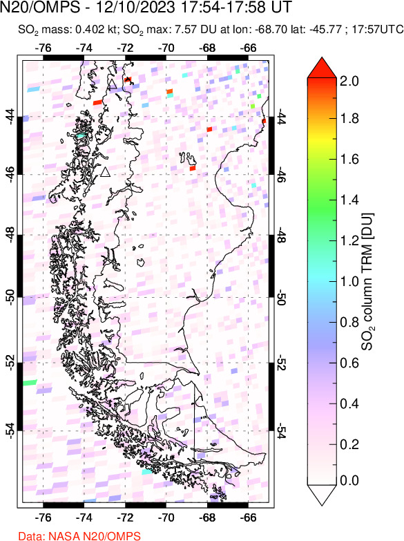 A sulfur dioxide image over Southern Chile on Dec 10, 2023.