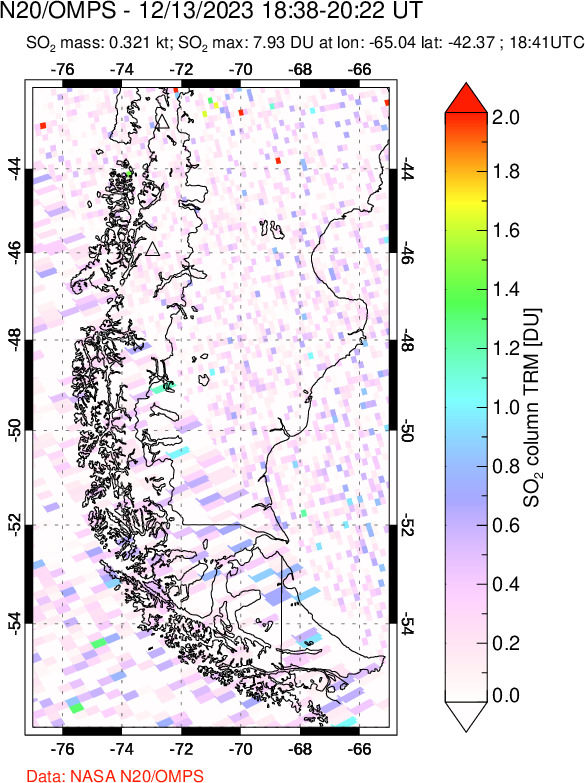 A sulfur dioxide image over Southern Chile on Dec 13, 2023.