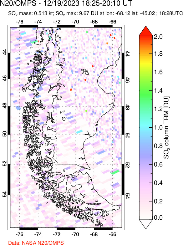 A sulfur dioxide image over Southern Chile on Dec 19, 2023.