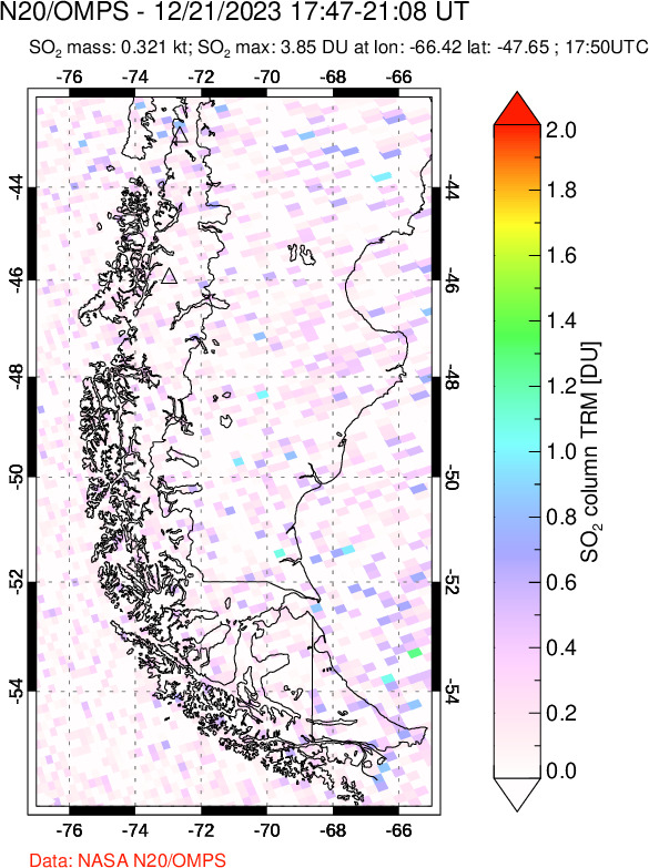 A sulfur dioxide image over Southern Chile on Dec 21, 2023.