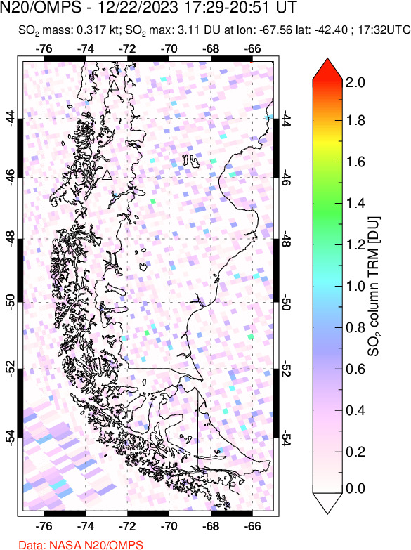 A sulfur dioxide image over Southern Chile on Dec 22, 2023.