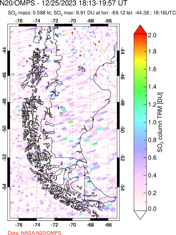 A sulfur dioxide image over Southern Chile on Dec 25, 2023.