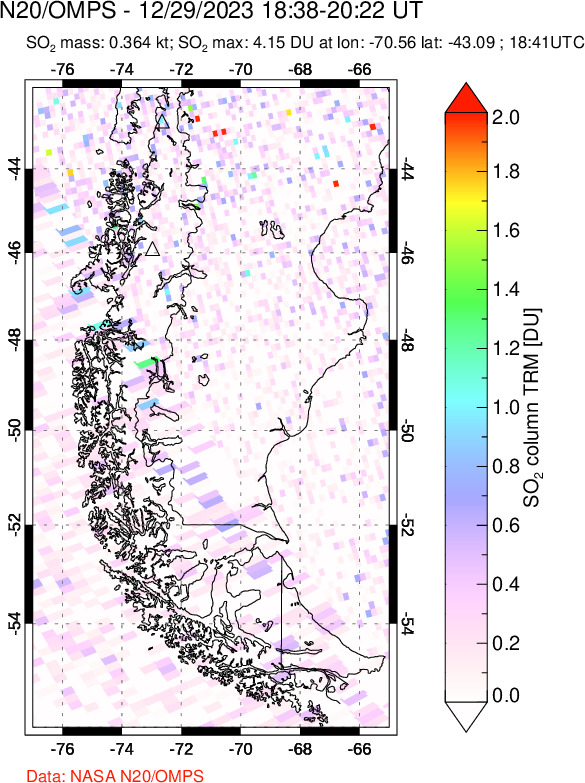 A sulfur dioxide image over Southern Chile on Dec 29, 2023.