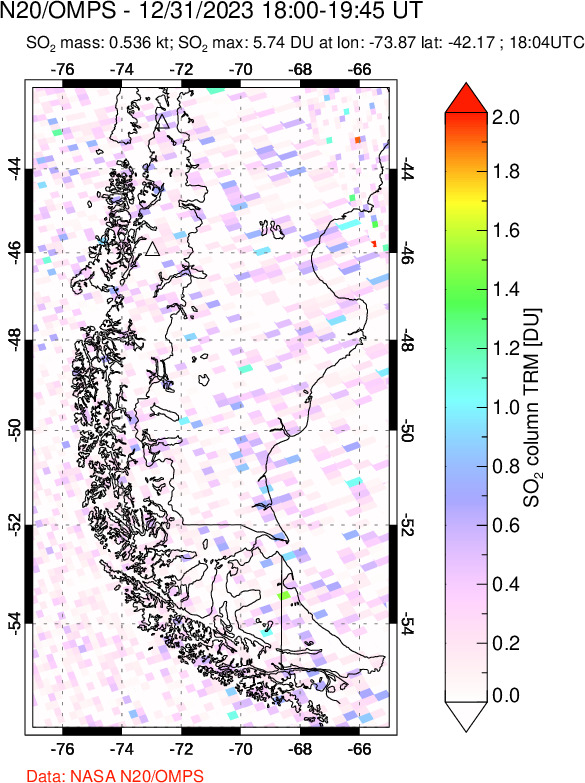 A sulfur dioxide image over Southern Chile on Dec 31, 2023.